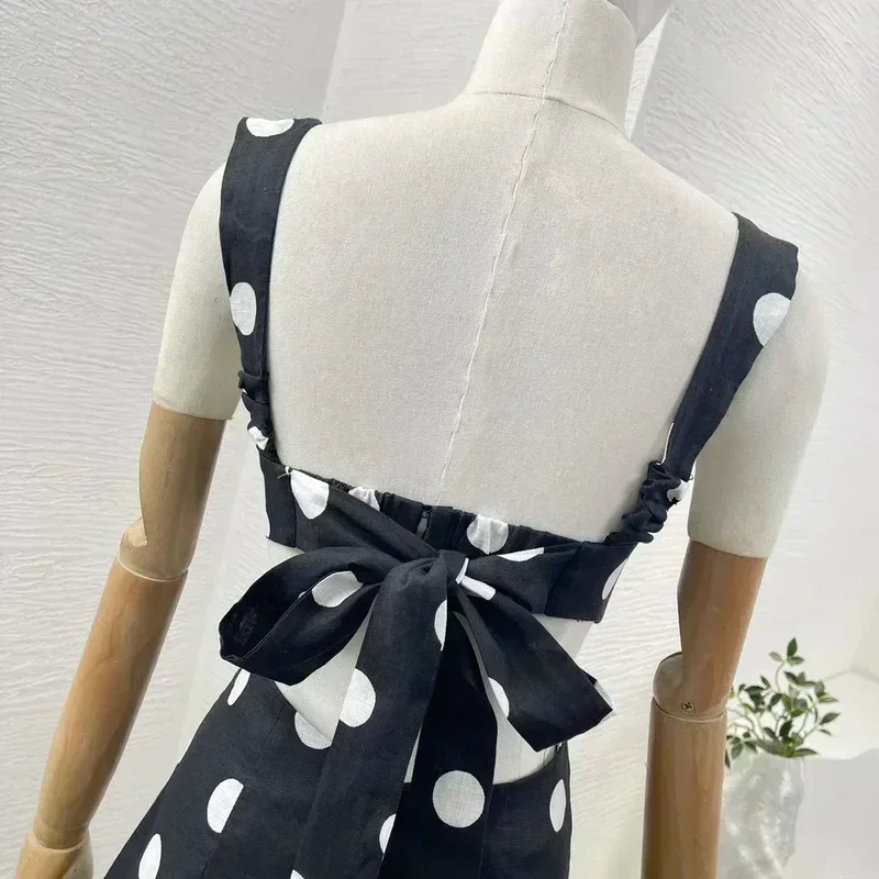 Vestido Midi de tubo para mujer, vestido clásico de lino negro con estampado de puntos blancos y escote corazón recortado, sin mangas y espalda descubierta, novedad de 2024