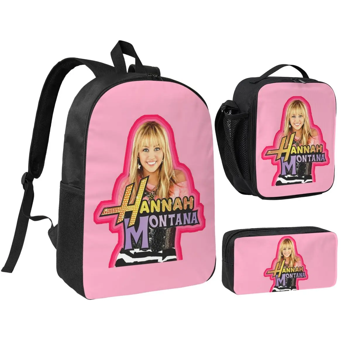 Hannah Montana Collage Backpack Student BookBag School Bag Shoulder Bags 3ps Insulated Lunch Bag Pencil Case