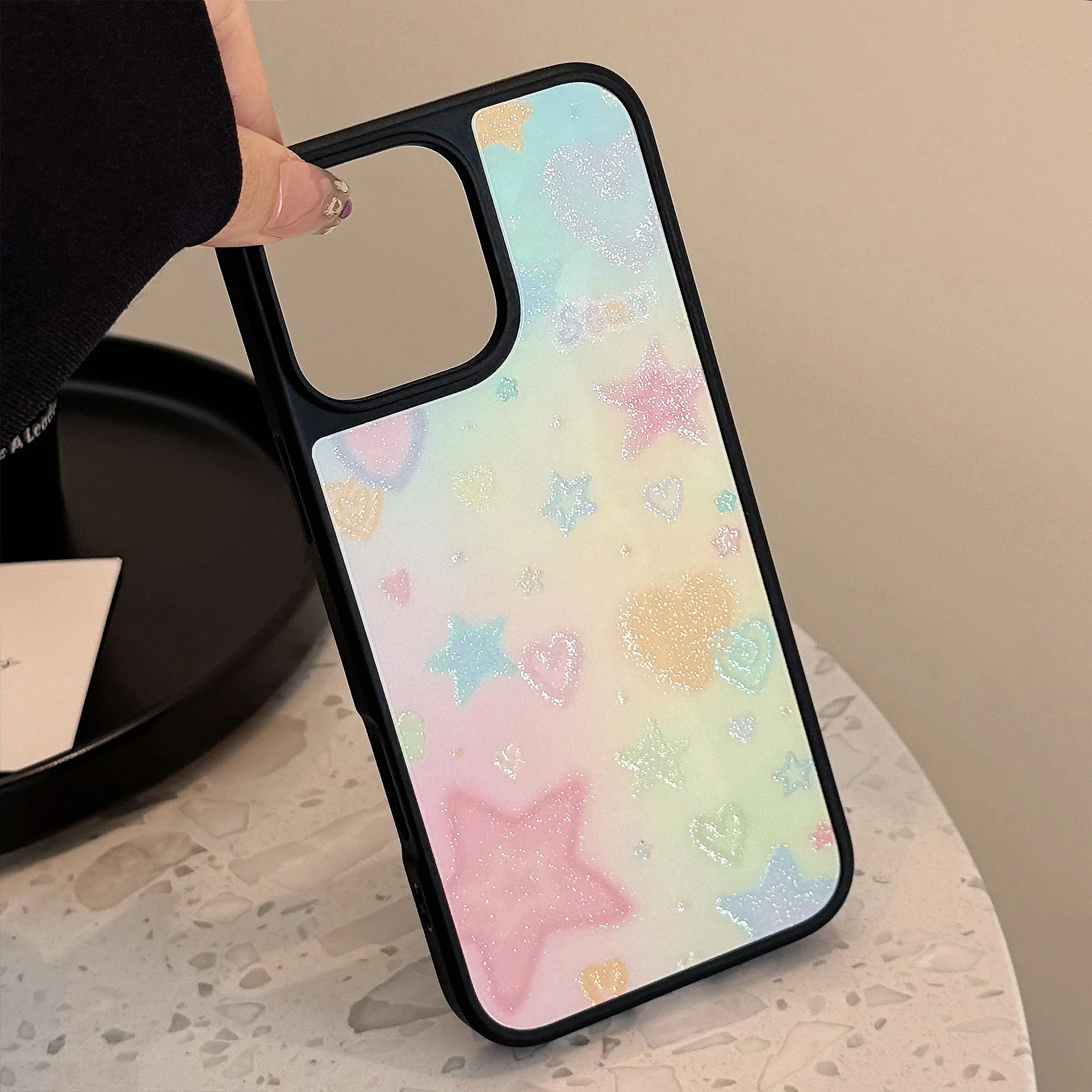 الكورية إطار أسود بريق التدرج الحب القلب نجوم جراب هاتف آيفون 16 15 14 12 13 برو ماكس للصدمات الغطاء الواقي