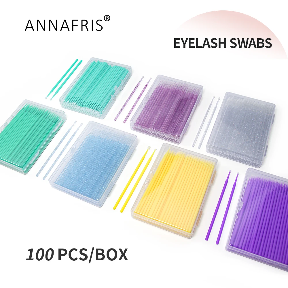 ANNAFRIS 100 Pcs/Box Disposable Micro Brush Eyelash Cleaner Stick Makeup Brush Removal Cotton Swab Brush