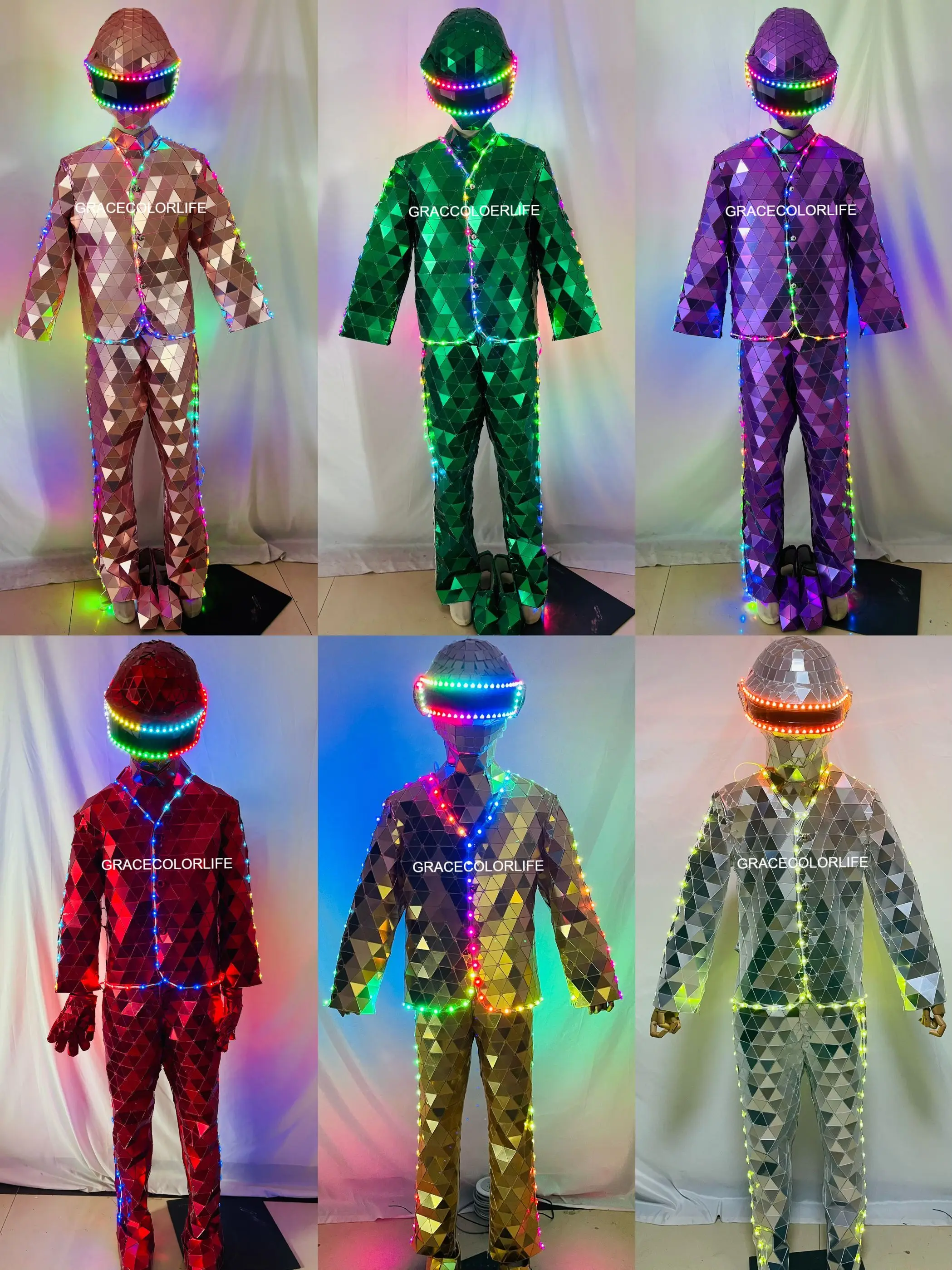Costume da spettacolo per festival Design a specchio illuminato a LED Abito fatto a mano da uomo in più colori con maschera di Halloween Spettacolo teatrale