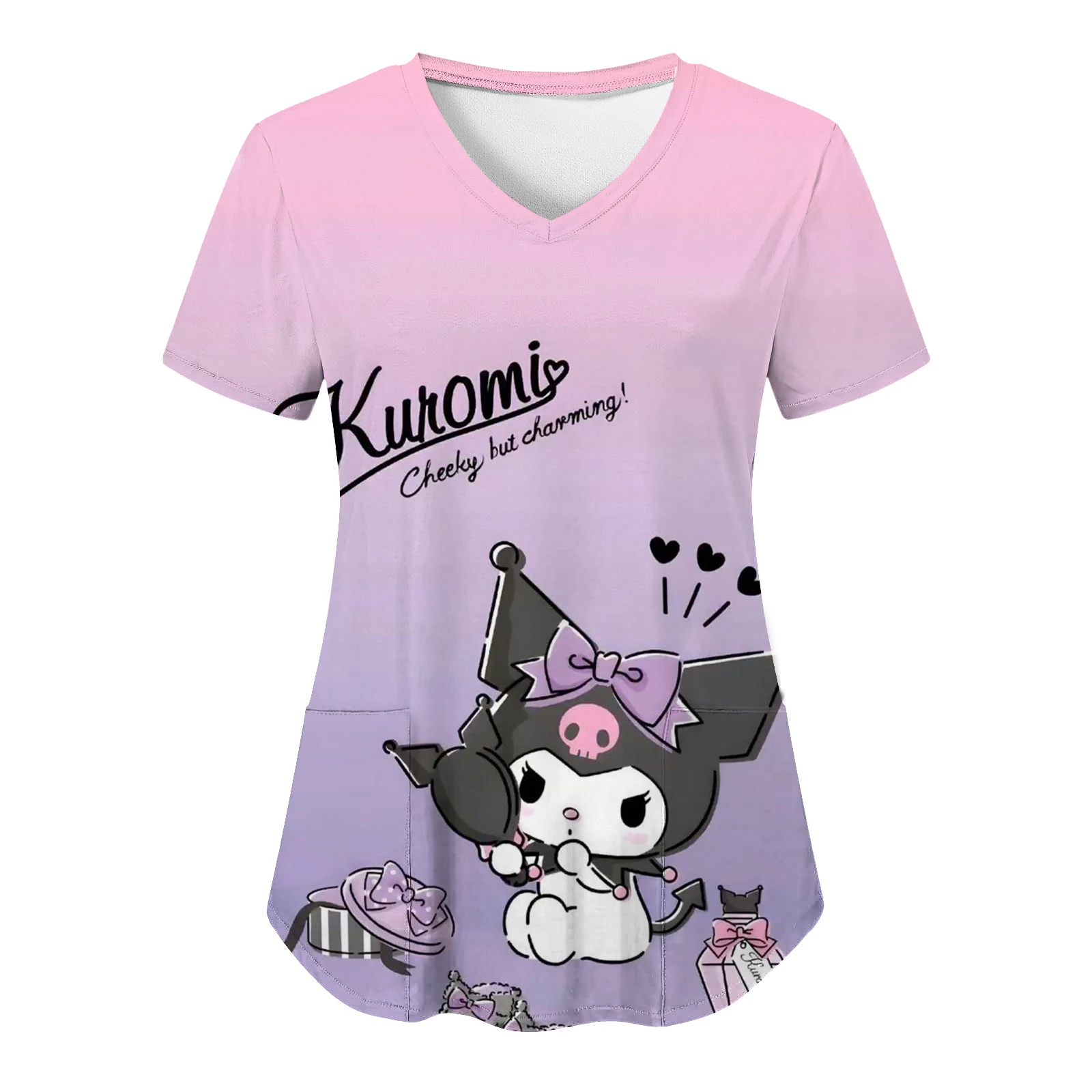 Hello Kitty Kuromi Sanrio New Pocket Summer Women T-shirts T-shirt Top Hospital Y2k V Neck Tops Woman 2024 HD Print Cartoon Neck