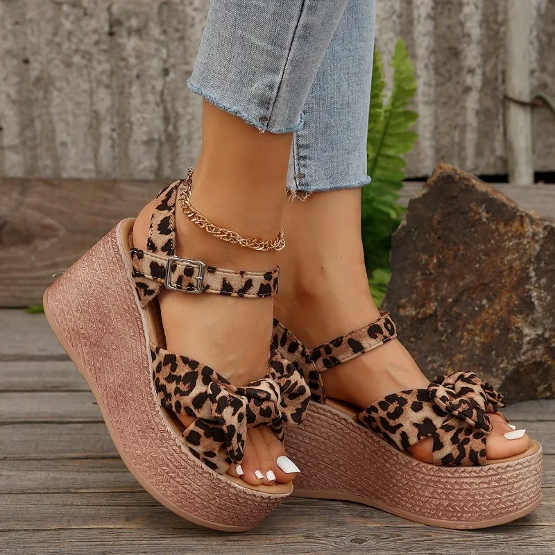 Ladies Shoes 2024  Women's Sandals Fashion Butterfly-knot Casual Sandals Women New Leopard Print Wedge Sandals