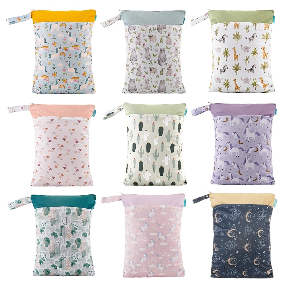 HappyFlute New Digital Print 30*40CM 2pocket Wetbag Snap Handle Reusable Waterproof Cartoon Pattern Wet&Dry Diaper Bag