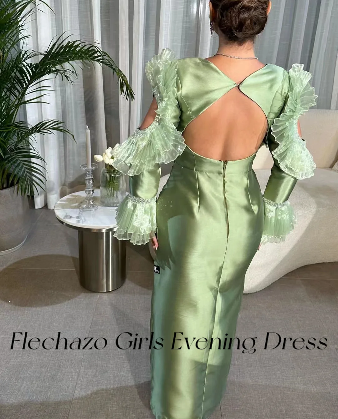 Flechazo Green Evening Dresses O Neck Tiered Sleeve Beading Ankle-Length Formal Party Dress For Women 2024 vestidos para eventos