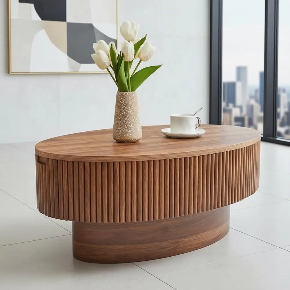 

Walnut Modern Coffee Table with Hidden Storage, 31.5 Wide, Fluted Veneer Design for Small Living Spaces