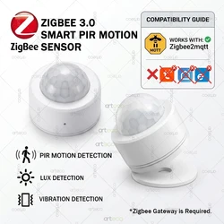 Zigbee Smart PIR Motion Sensor With Vibration Light Brightness Detection Human Movement Mini PIR Detector for Z2M Home Assistant