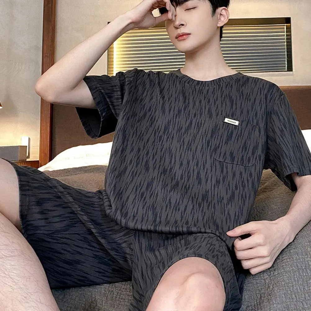 Loose Fit Loungewear Set Men's Summer Loungewear Set with O-neck Short Sleeve T-shirt Elastic Waist Wide Leg Shorts for Relaxing