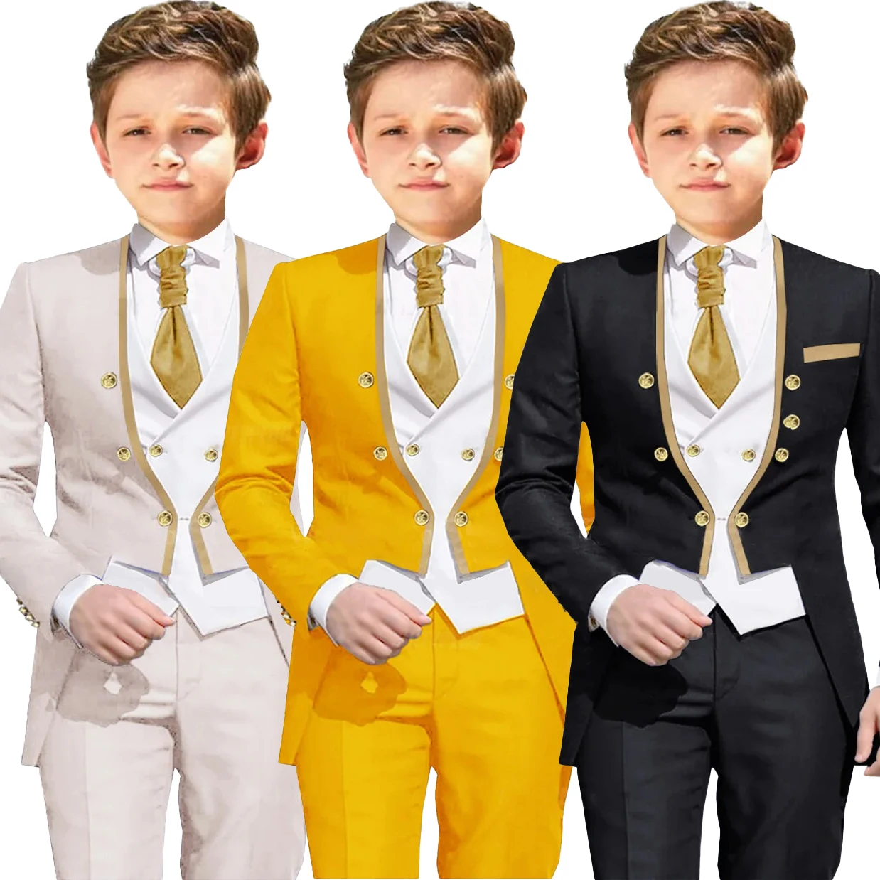 

Boys' Formal Suit Set With Gold Accents, Three - Piece Tuxedo Including Jacket, Vest And Pants For Wedding Party Classic Suit