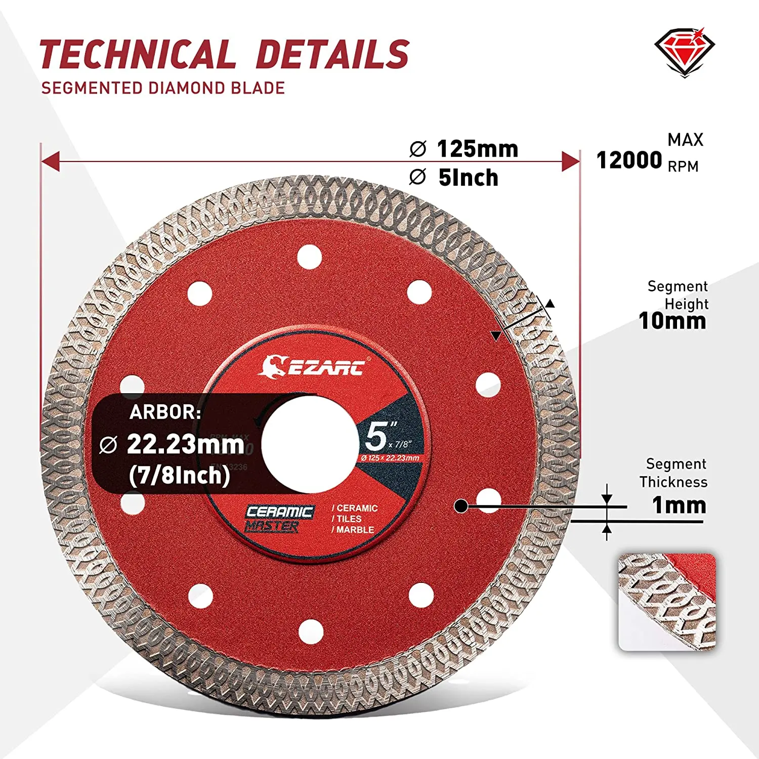 EZARC 2Pc 5\'\' & 4.5\'\' Super Thin Diamond Saw Blades for Angle Grinder Diamond Tile Blade for Cutting Ceramic Granite Marble Tile