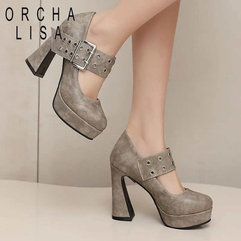 

ORCHA LISA Горячие женские туфли-лодочки с круглым носком, массивным каблуком 105 см, платформой 25 см, ремешком с пряжкой, большие размеры 44-45, сексуальные туфли Мэри Джейн для свиданий