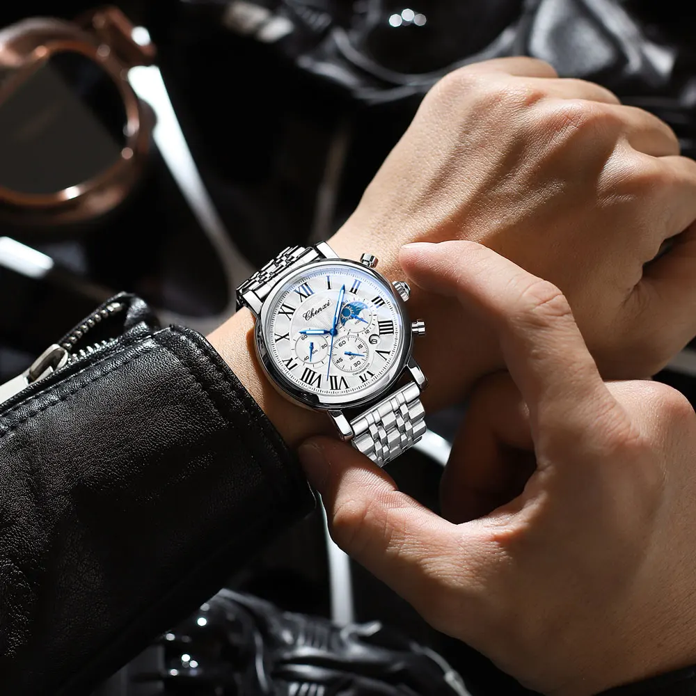 Relojes CHENXI para hombre, marca de lujo, cronógrafo de fase lunar, reloj de cuarzo luminoso resistente al agua, reloj de pulsera de acero inoxidable de alta calidad