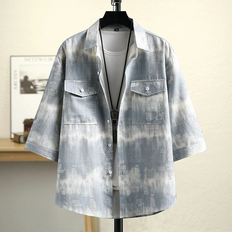

Pure Cotton Five-Quarter Sleeve Shirt Men's Loose Casual Teen Summer Short Sleeve Men's Style Hong Kong Style Trendy Fashion
