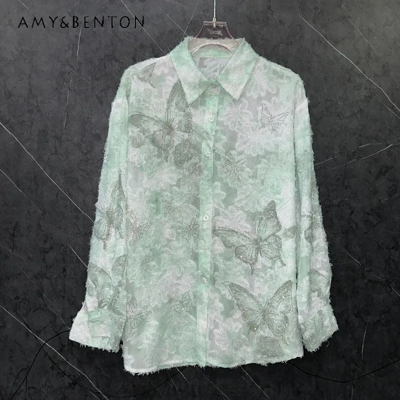 

Модная женская летняя блузка с длинными рукавами, жаккардовым узором, стразами, эффектом тай-дай, бабочками и необработанными краями, тонкая, дышащая