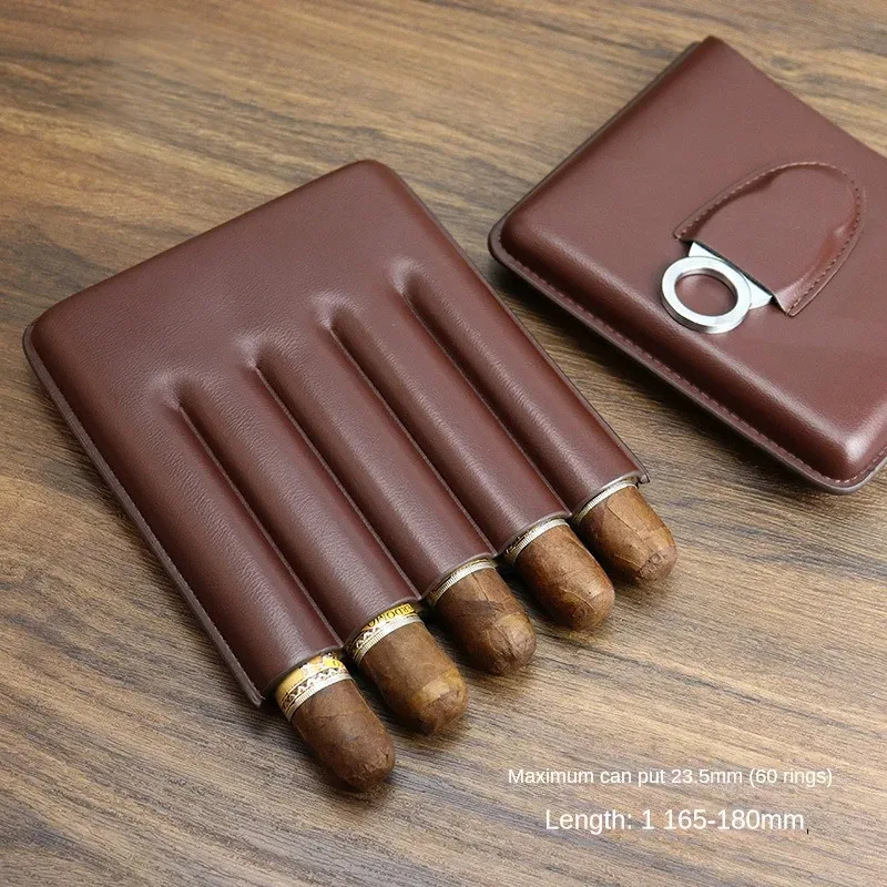 Portable Cigar Humidor with Genuine Leather Cigar Sleeve, Complete with Cigar Cutter and Gift Box for 5 Cigars