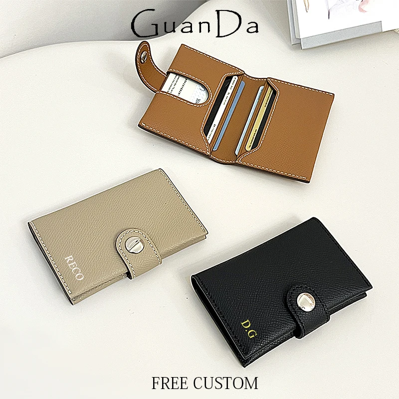 Luxury Design Business Card Holder Custom Name Fashion Mini Card Wallet Folding Woman Cowhide Split Leather Card Bag Coin Purse