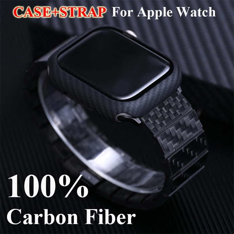 Case+Strap for Apple Watch 9 8 7 Band 45mm Real 100% Carbon Fiber Watchband for iWatch Ultra 2 49mm Bracelet Screen Protector