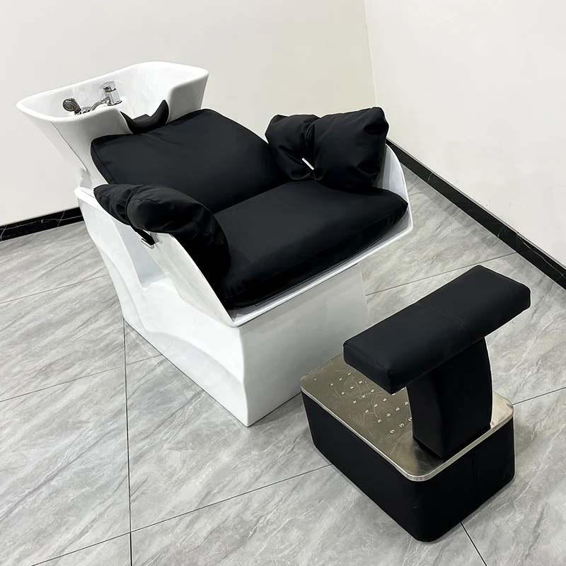 Barber Shop Half Lying Shampoo Rinsing Bed Light Luxury Wind Fiberglass Ceramic Basin Shampoo Bed