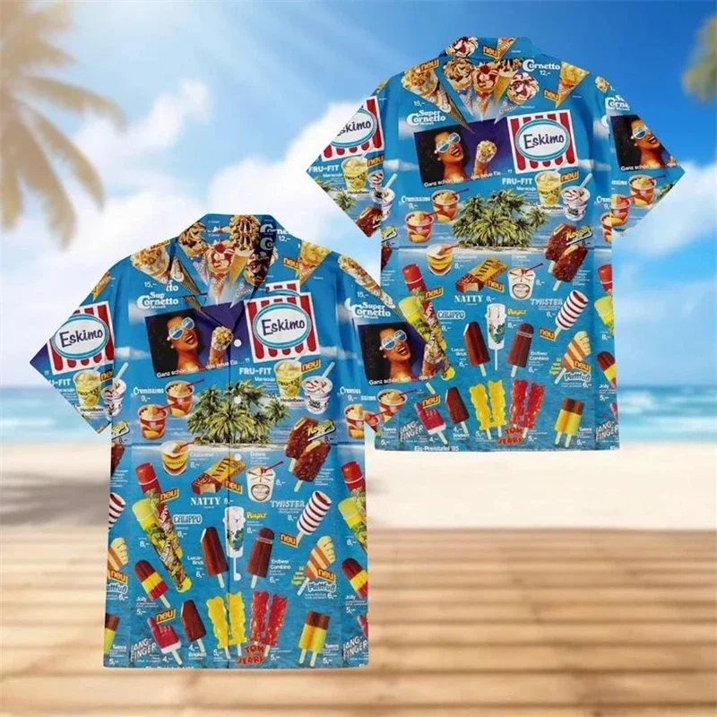 Camisas gráficas de helado Cornet de tamaño pequeño para hombres, ropa hawaiana, polos fríos, camisa de playa, helado congelado