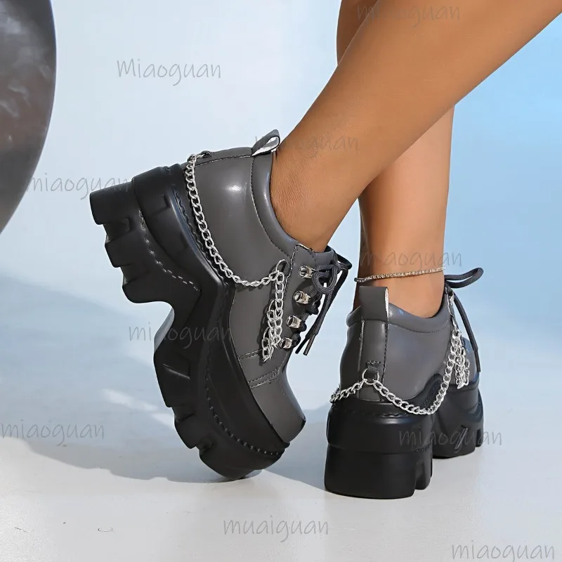 Gothic Punk Women's Platform Shoes Round Toe Lace-up Pink Chunky Sneakers Pu Leather Height Increasing Fashion Shoes for Women image 5