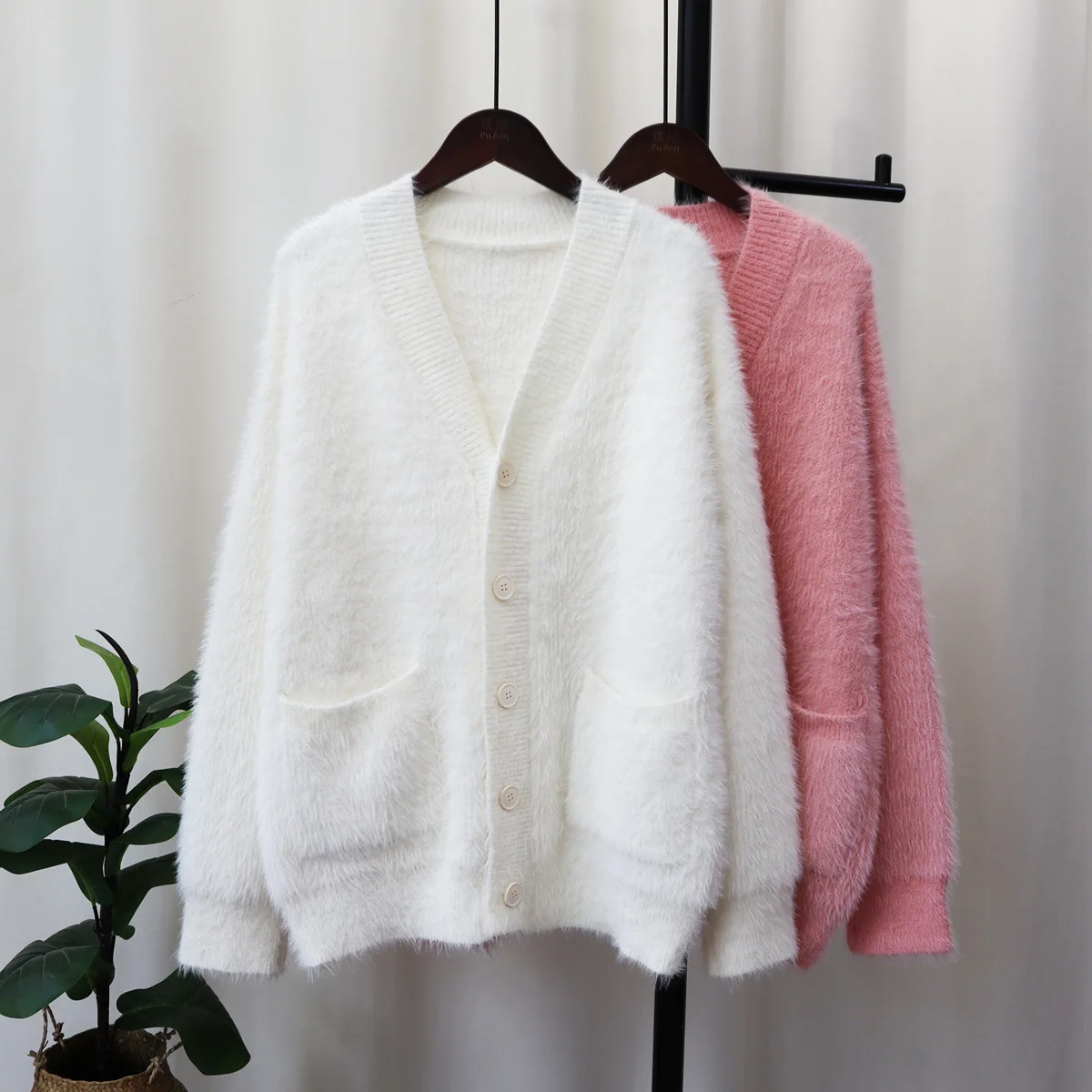 Fur Button Long Sleeve Cardigan Fluffy Top Beaded Autumn Winter 2023 Pink Knitted Sweaters Women Spring Tops Jumpers Pullovers