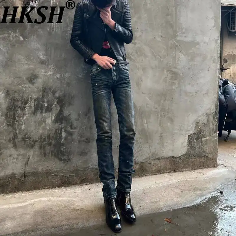 HKSH Spring Autumn New Men Tide Punk Chic Ins Fashion Punk Vintage Paint Ghost Claw Splash-Ink Slim Washed Jeans Skinny HK26061