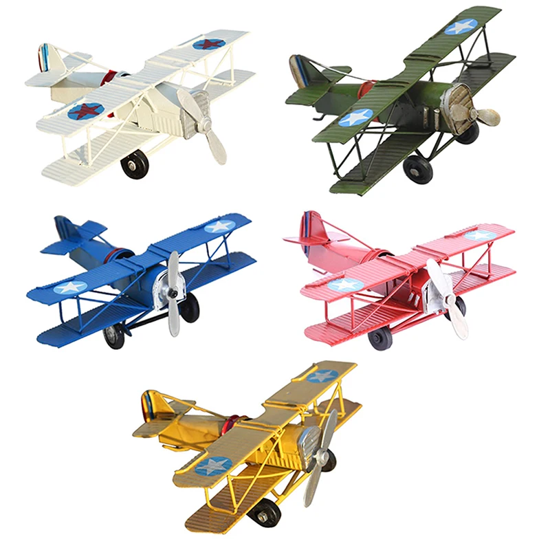 Retro Metal Mini Biplane Model Pesawat Kerajinan Ruang Tamu Kamar Tidur Ornamen Besi Pesawat Patung-patung Dekorasi Rumah Hadiah Anak-anak