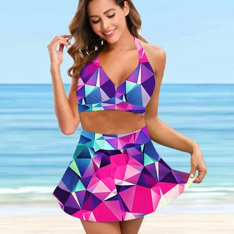 New Summer Ladies Holiday Resort Style Maillot de bain Design de mode fouet Deep Purple Gradient Printing Top Jupe Ensemble deux pièces S-5XL