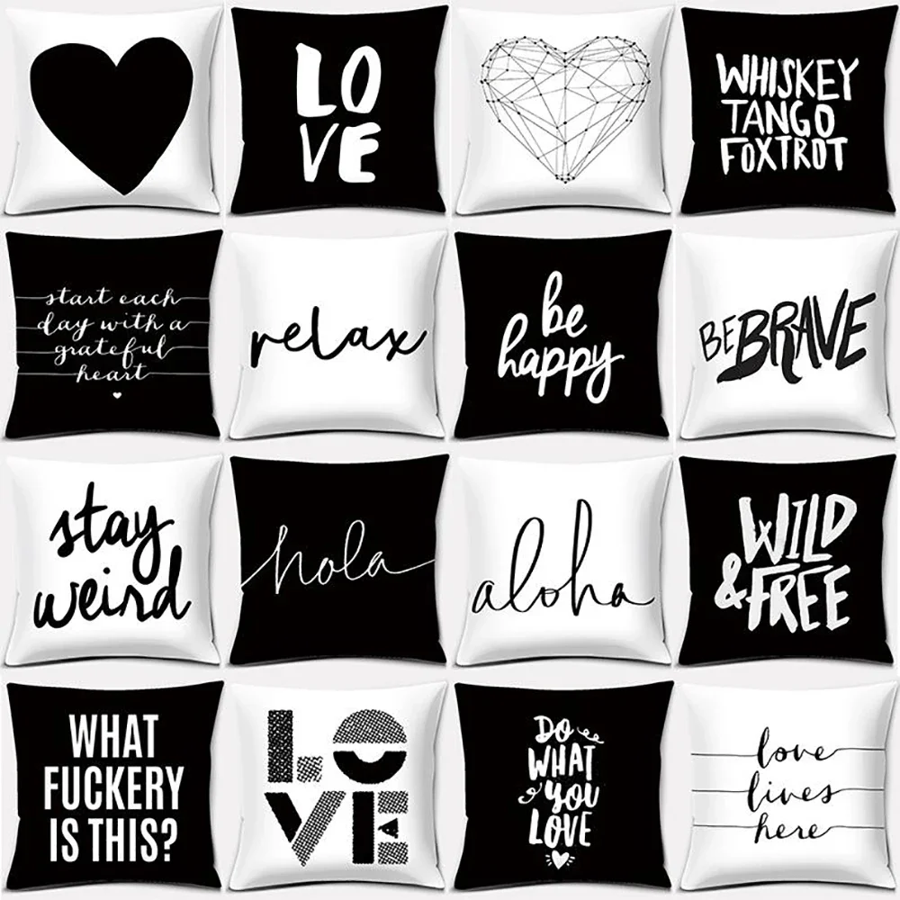 Black and White English Sentence Square Home Decoration Pillowcase Living Room Sofa Car  Cushion Cover