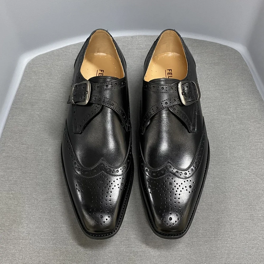 Men\'s Luxury Genuine Leather Wingtip Oxfords Italian Monk Strap Buckle Brogue Dress Shoes for Business Wedding Formal Wear