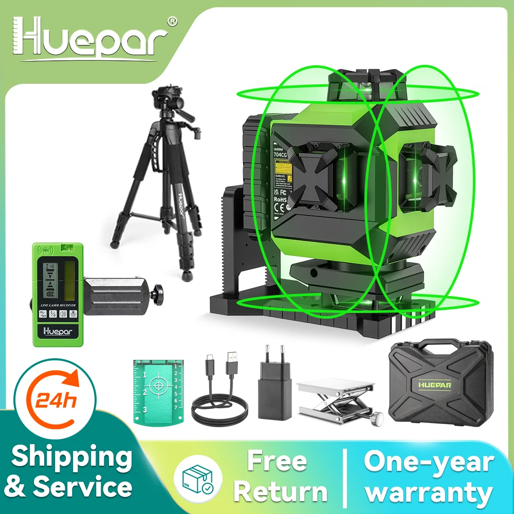 Huepar 704CG Set 16 Lines Laser Level Self-leveling 4D Green Beam Cross Line Tiling Floor Laser Tool Laser Lines Hard Carry Case