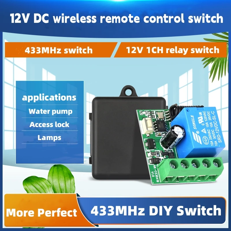 433 MHz rf Remote Control DC 12V 1CH Relay Receiver for universal garage door Light LED Fanner motor Signal transmission