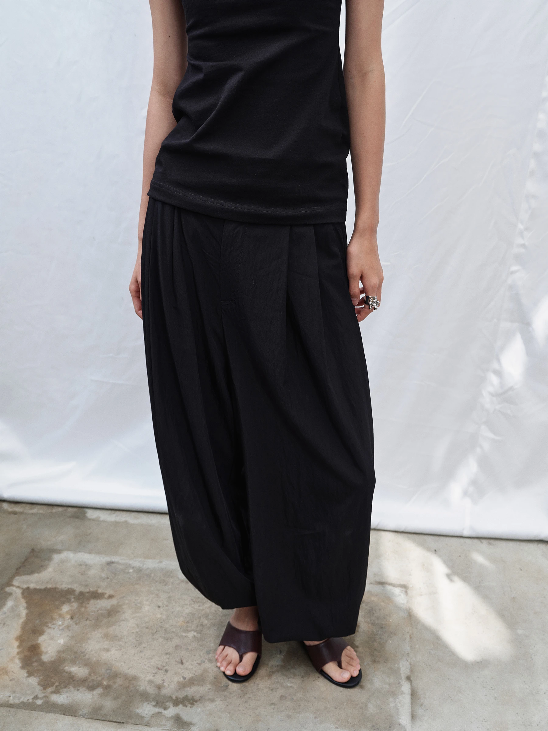 SHKUCO Comfortable Loose Silhouette Drapey Trousers Pleated Cuffed Casual Pants Women's Fashion Natural Waist Rayon Nylon