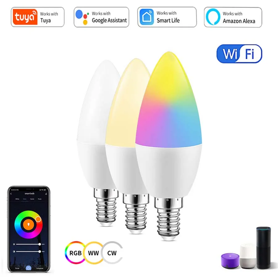 Tuya Smart WiFi LED Bulb E14 220V RGB+CW+WW Dimmable Candel Light Smart Life APP Voice Control Alexa Google Home for Home Decor