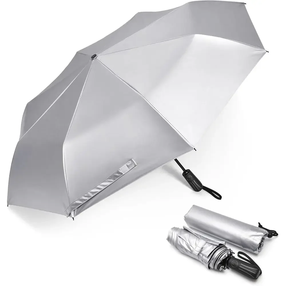 Sombrilla de Viaje Grande con Protección UV UP 50+, Sombrilla para el Sol de 46 Pulgadas | Recubrimiento plateado, doble capa con bloqueo UV, apertura/cierre automático, 8 F