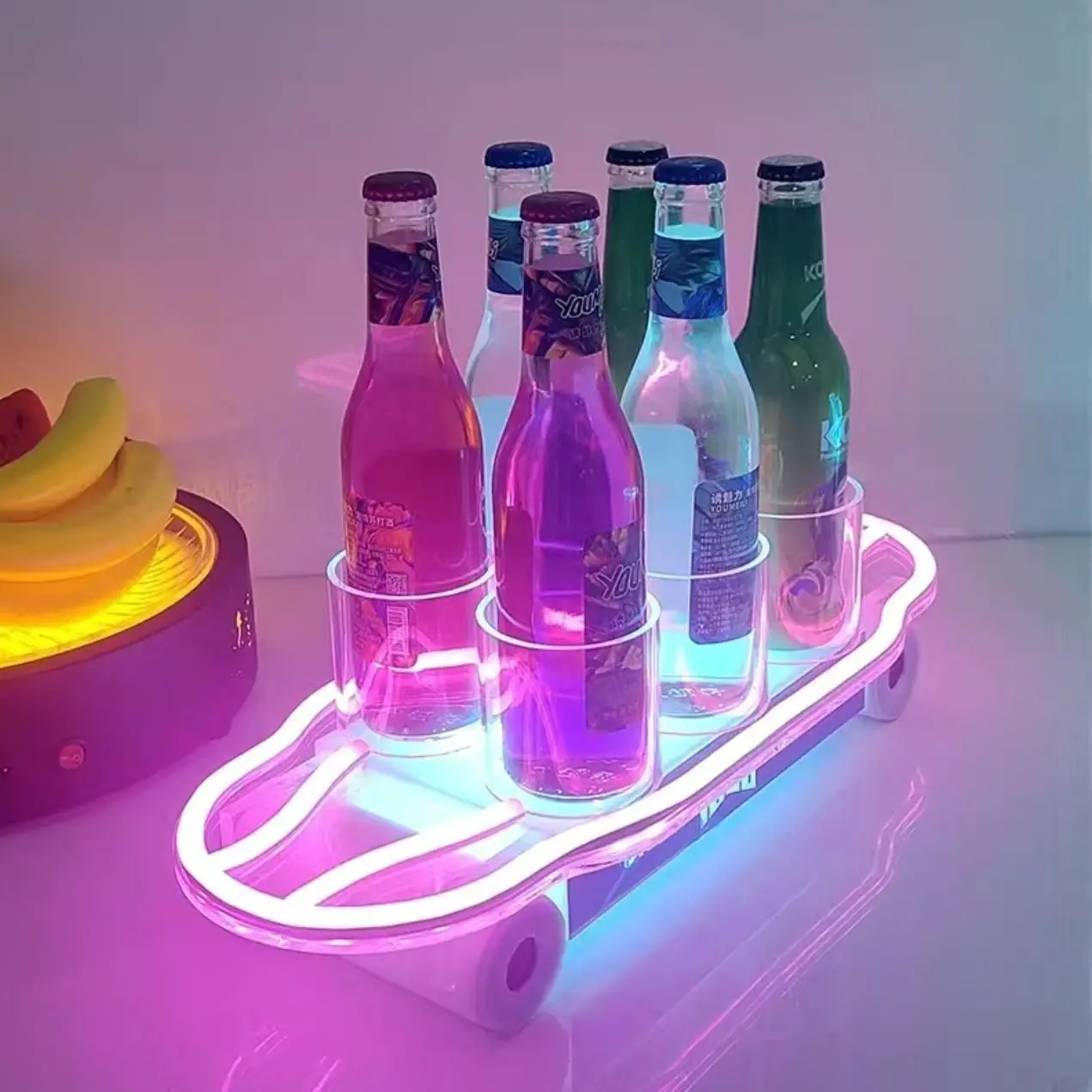 Luxury Illuminated Neon LED Skateboard Bottle Presenter Lighted Wine Beer Bottles Scooter Glorifier Home Bar Table Service Decor