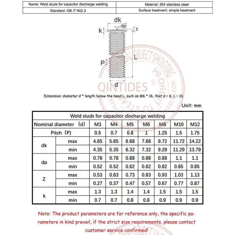 QINTIDES 50/1000Pcs M3 M4 M5 M6 Weld Studs For Capacitor Discharge Welding Stainless Steel Spot Welding Screws Welding Nails