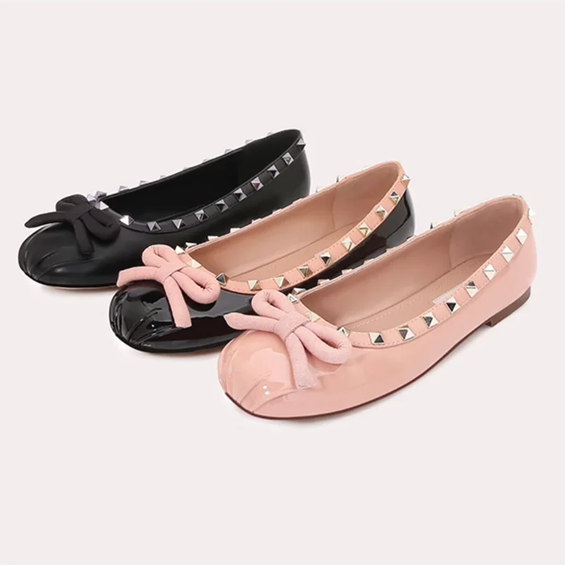 

Lady Metallic Gold Studs Flats Square Toe Buttfly-Knot Slip-On Patchwork Wide Fits 33-45 27.5cm Pink Black Cute Fashion Footwear