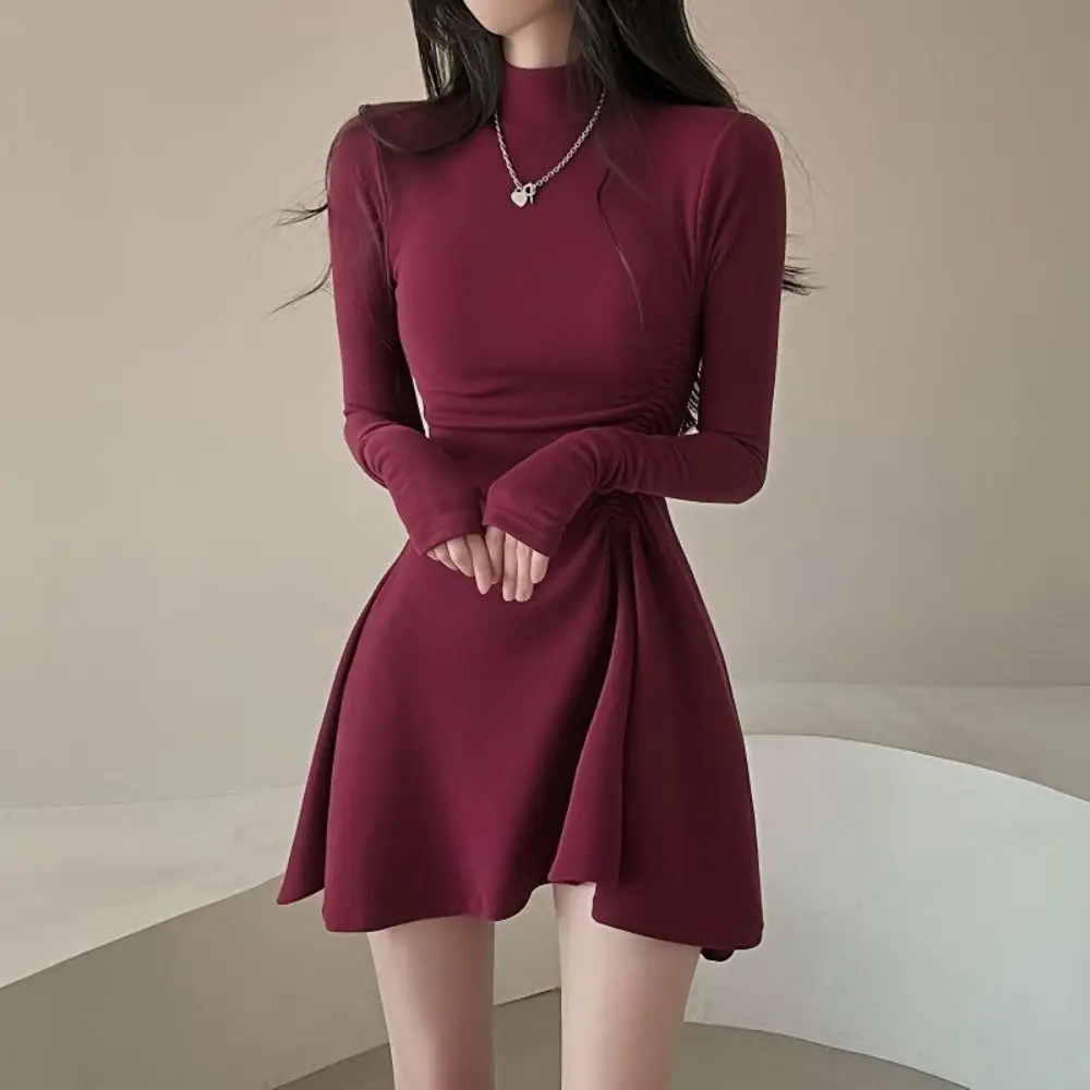 

Long Sleeved Christmas Red Dress Short Skirt A-line Girls Irregular Dress Half High Collar Pleated Slim Thin Dress Streetwear