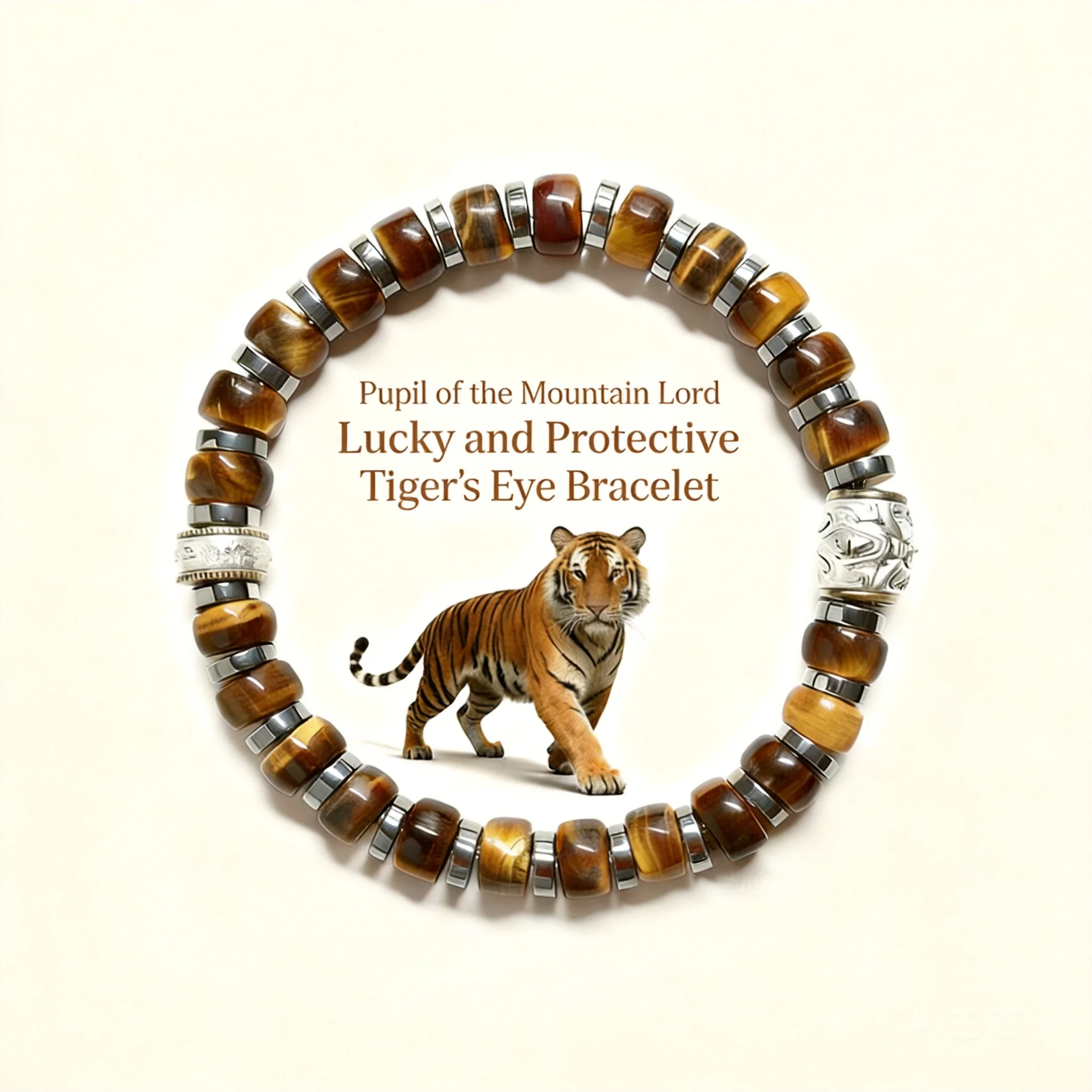 Chinese Style Lucky Natural Yellow Tiger Eye Stone Bracelet Hand Polished Antique Silver Lion Charm Attract Wealth Unisex Multi