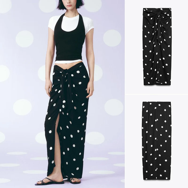 

Summer Women's Polka Dot Print Midi Skirt Asymmetrical Hem Bow Tie Wrap Sle Stand Cut Commute Sle Long Skirt Polyester...