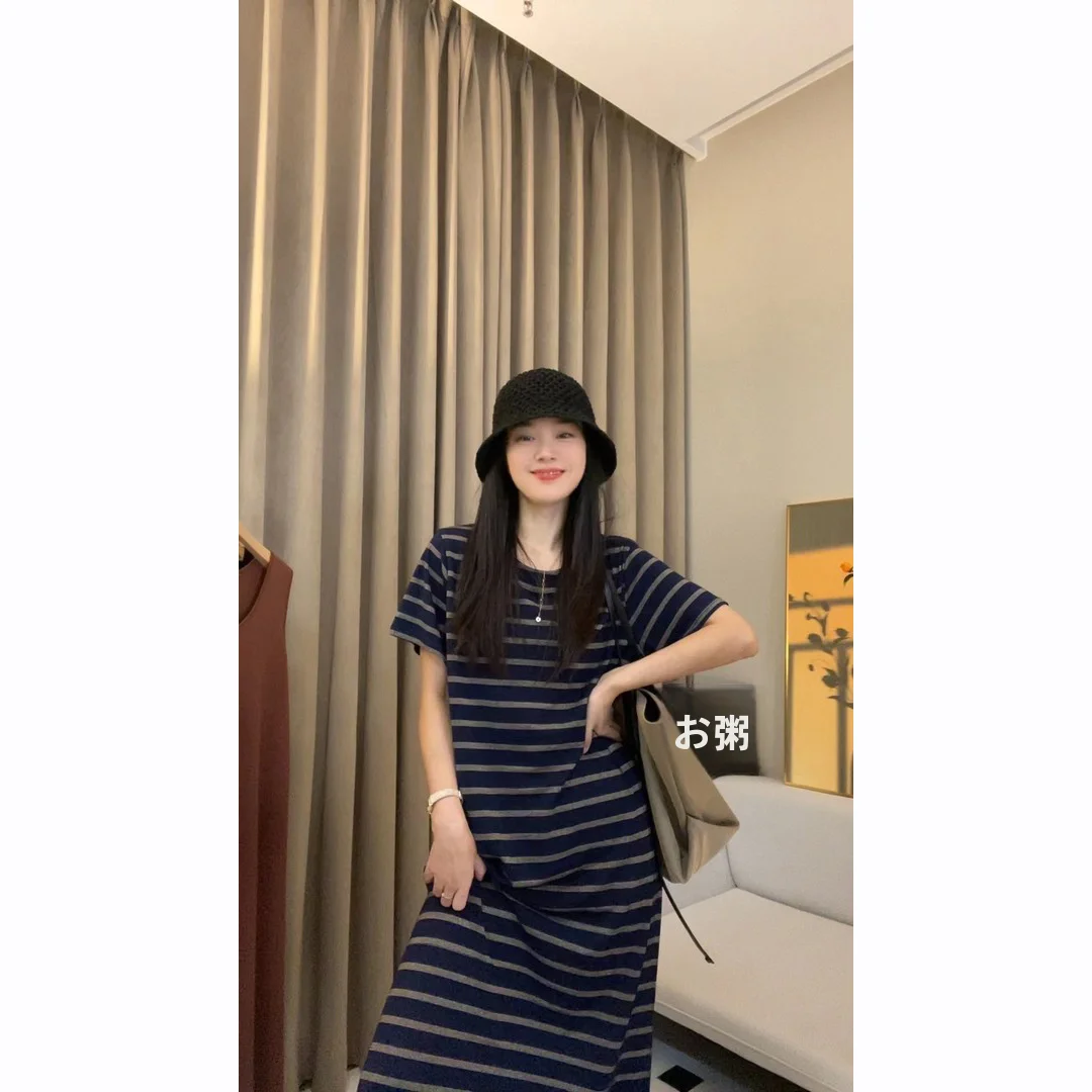 Summer Casual Slimming Long Dress Fashionable Striped round Neck Slit Commute Short Sleeve Dress Versatile Comfortable Loose ...