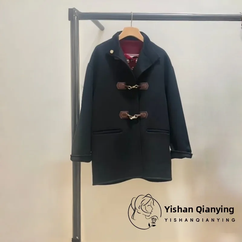 

Кожаное шерстяное пальто в стиле ретро с воротником-стойкой и металлическим синим узором для женщин, осень-зима, Новое поступление Ele Lady Jaet