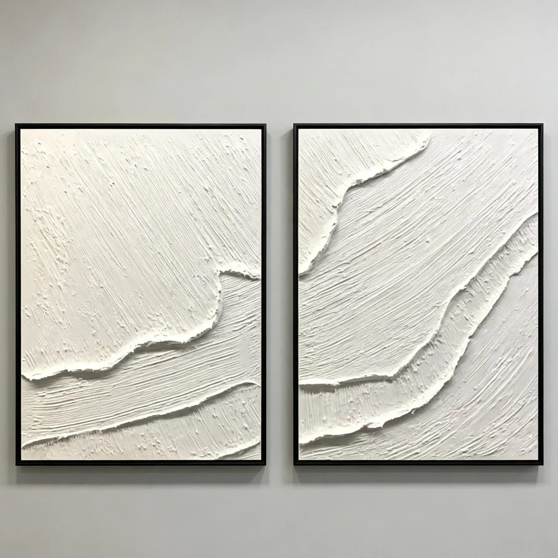 Hand-Painted White 3D Thick Texture Abstract Oil Painting Minimalist Wave-Shaped Canvas Wall Art Narrow-Framed Home Decor