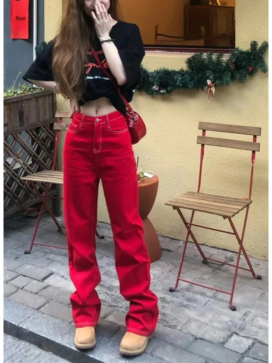 

Retro American Streetwear High Waist Straight Leg Jeans Women's Spring Trendy Hot Girl Long Casual Pants Cool Sle Deep Blue
