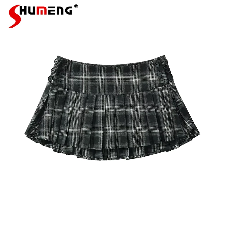 

Women Y2K Punk Rock Vintage Plaid Pleated Skirt Korean Buttons Ladies Street Low Waist Mini Skirt Harajuku Female Short Skirts