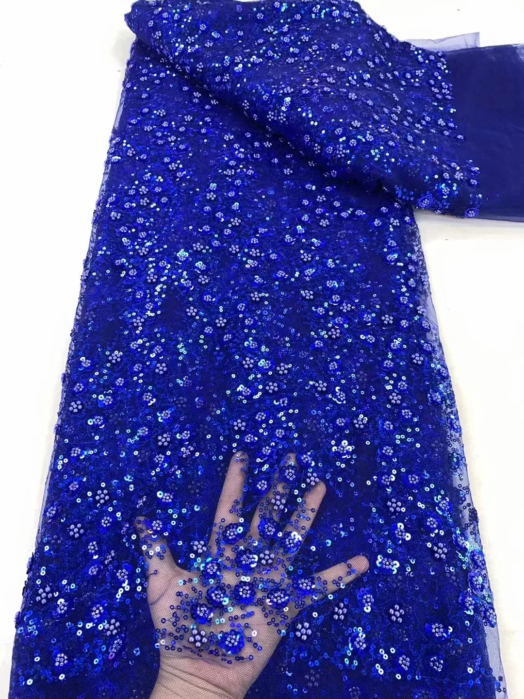 

Luxury royalblue Sequins Net Lace Fabric High Quality African Beads Lace Fabrics French For Women Wedding Party Dress Sewing