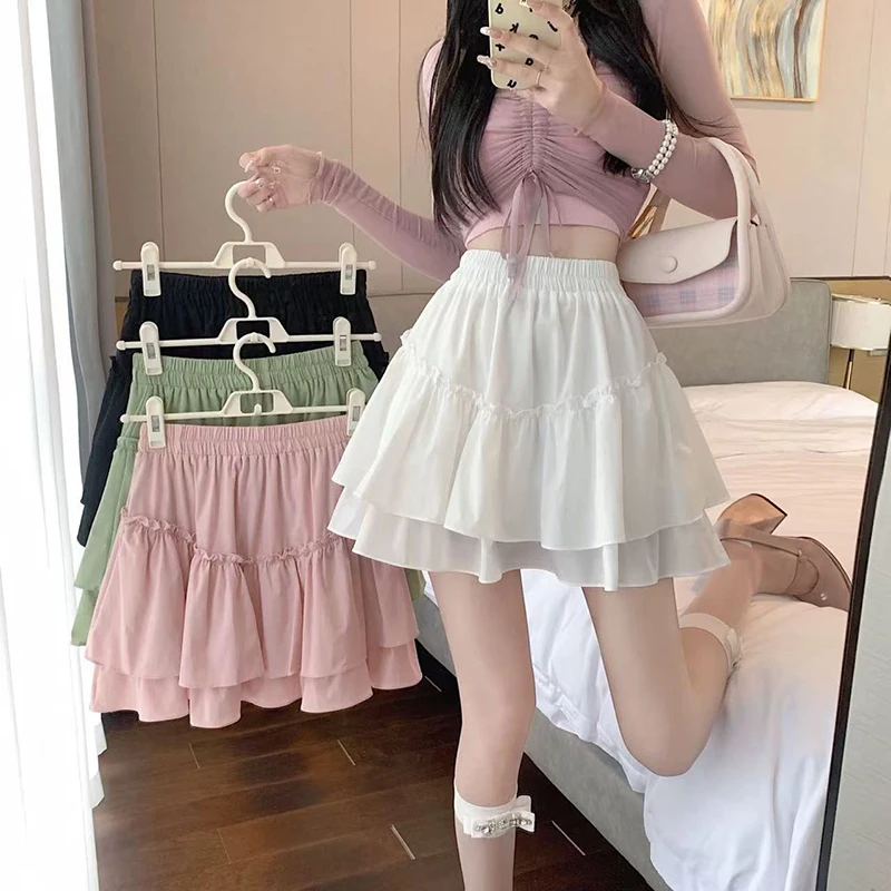 

High Waist Sweet Tutu Skirt for Women Summer Elastic Waist Preppy Solid Dance Skirt Y2K Patchwork All Match A Line Pleated Skirt