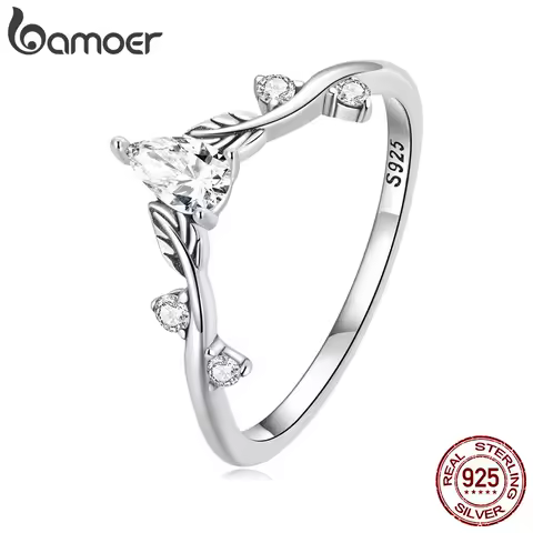 Bamoer 925 Sterling Silver Rattan &amp; Water-drop Shaped Zircon Ring Vine Finger Ring for Women Exquisite Fine Jewelry BSR308