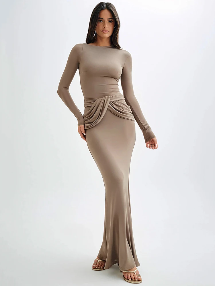 Mozision Diagonal Collar Long Sleeve Maxi Dress For Women Autumn Winter New Solid High Waist Ruched Bodycon Sexy Long Dress